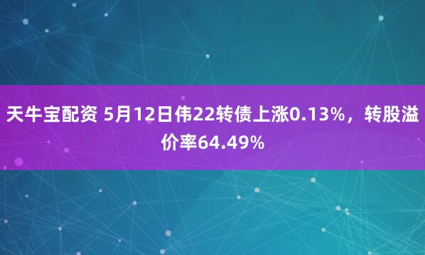 天牛宝配资 5月12日伟22转债上涨0.13%，转股溢价率64.49%
